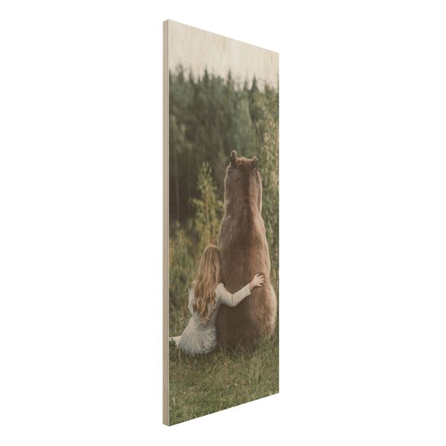 Holzbild - Mädchen mit Braunbär - Panel