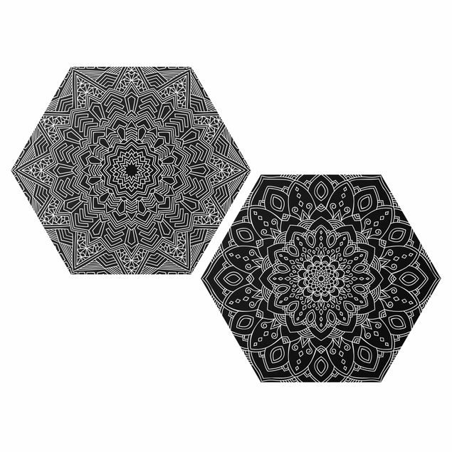 Hexagon Bild Alu-Dibond 2-teilig - Mandala Blüte Stern Muster Schwarz