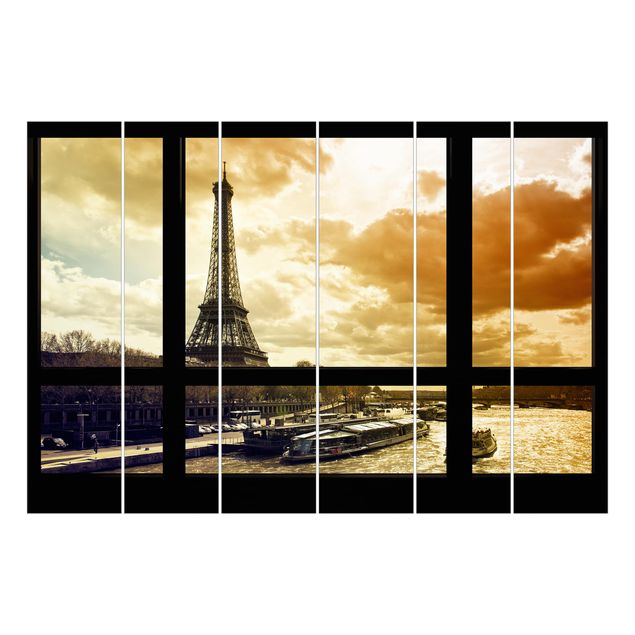 Schiebegardinen Set - Fensterblick - Paris Eiffelturm Sonnenuntergang - Flächenvorhänge