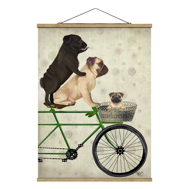 Stoffbild mit Posterleisten - Radtour - Möpse auf Fahrrad - Hochformat 3:4