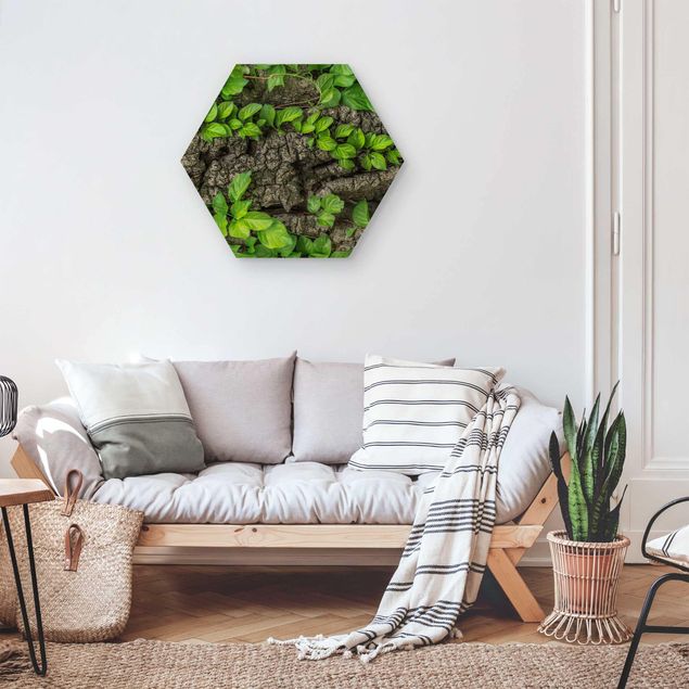 Hexagon Bild Holz - Efeuranken Baumrinde