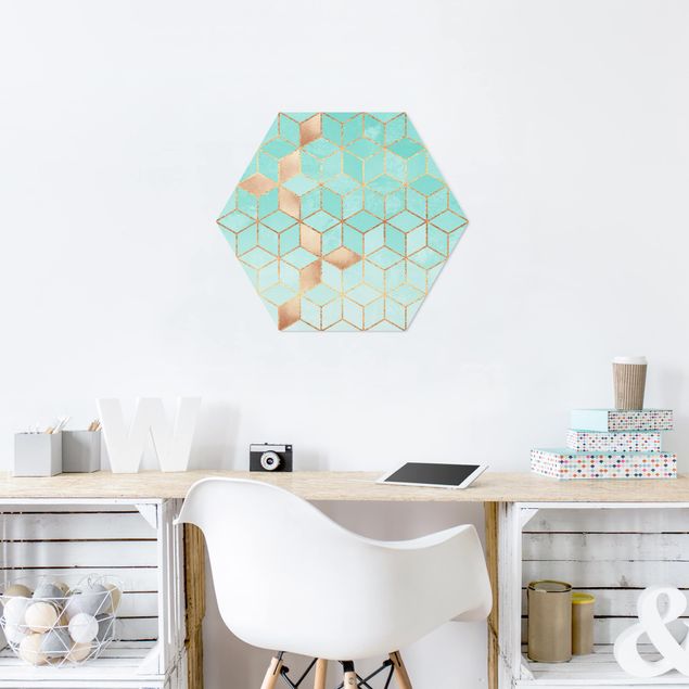 Hexagon Bild Forex - Türkis Weiß goldene Geometrie