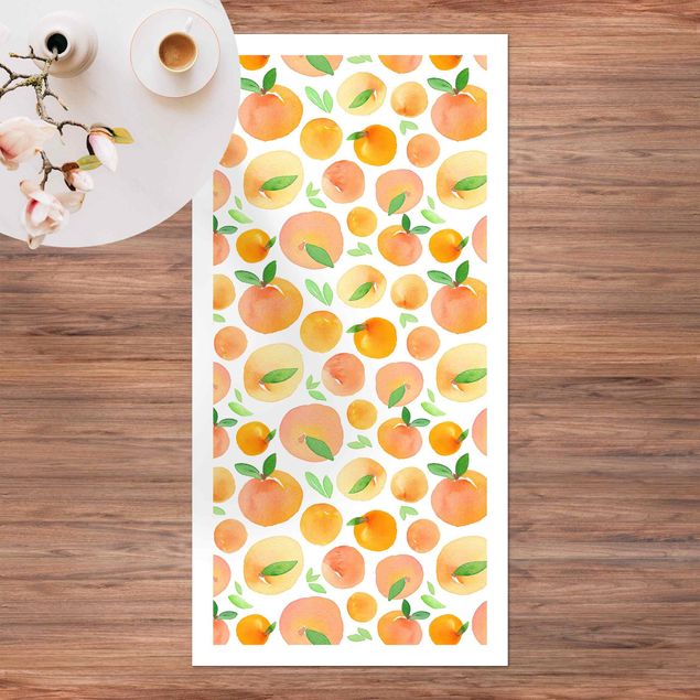 Läufer Aquarell Orangen mit Blättern in weißem Rahmen