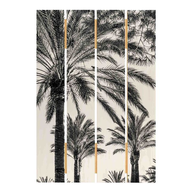 Holzbild - Palmen im Sonnenuntergang Schwarz-Weiß - Hochformat 3:2