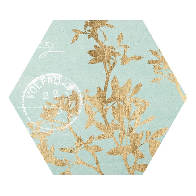 Hexagon Bild Forex - Goldene Blätter auf Turquoise II