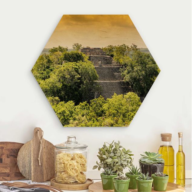 Hexagon Bild Holz - Pyramide von Calakmul