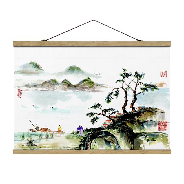 Stoffbild mit Posterleisten - Japanische Aquarell Zeichnung See und Berge - Querformat 3:2