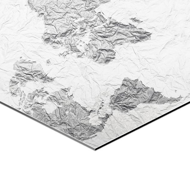 Hexagon Bild Alu-Dibond - Papier Weltkarte Weiß Grau