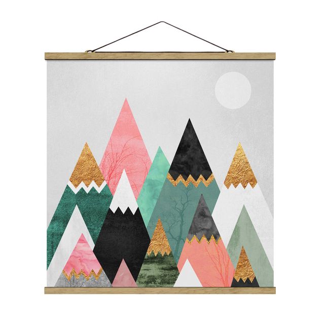 Stoffbild mit Posterleisten - Elisabeth Fredriksson - Dreieckige Berge mit Goldspitzen - Quadrat 1:1
