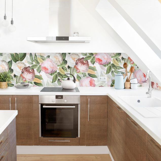 Küchenrückwand - Pfingstrosen mit Blättern