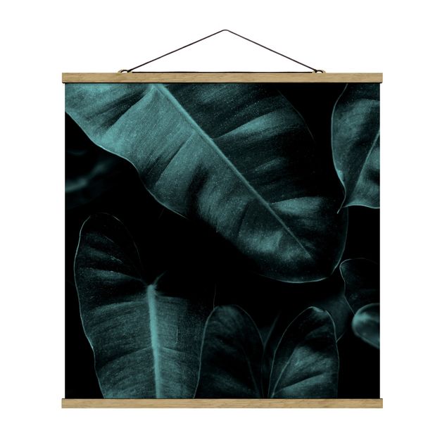 Stoffbild mit Posterleisten - Dschungel Blätter Dunkelgrün - Quadrat 1:1