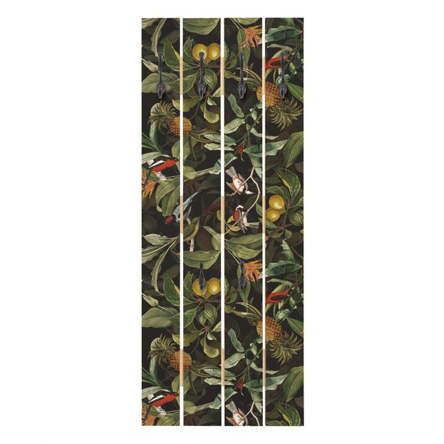 Wandgarderobe Holz - Vögel mit Ananas Grün - Haken chrom Hochformat