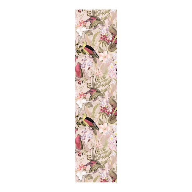 Schiebegardinen Set - Rosa Pastell Vögel mit Blumen - 6 Flächenvorhänge