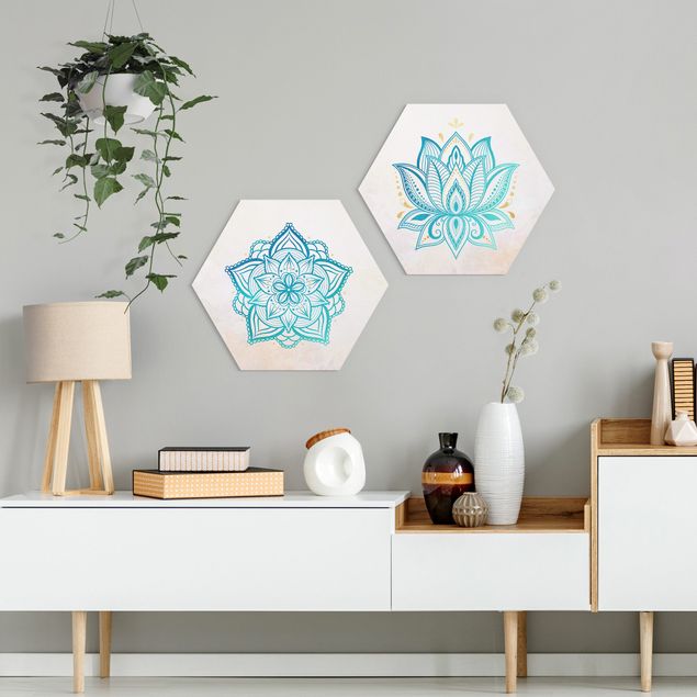 Hexagon Bild Forex 2-teilig - Mandala Lotus Set Gold Blau
