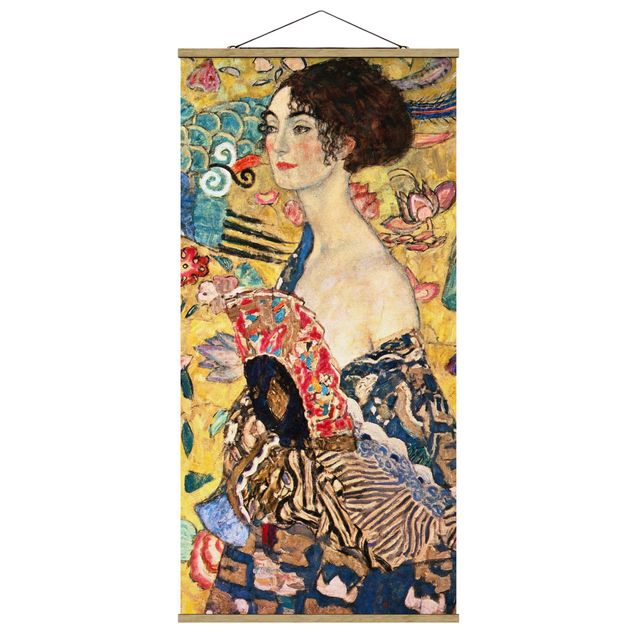 Stoffbild mit Posterleisten - Gustav Klimt - Dame mit Fächer - Hochformat 1:2