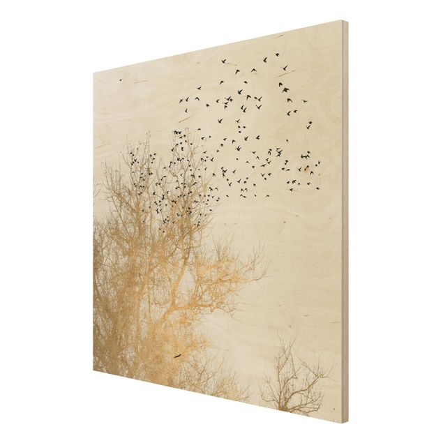 Holzbild - Vogelschwarm vor goldenem Baum - Quadrat 1:1