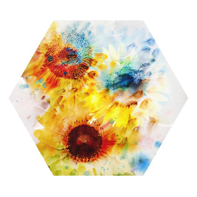 Hexagon Bild Forex - Aquarell Blumen Sonnenblumen