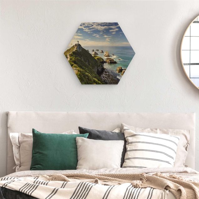 Hexagon Bild Holz - Nugget Point Leuchtturm und Meer Neuseeland