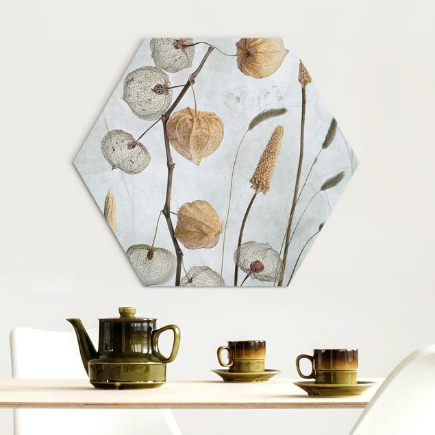 Hexagon Bild Alu-Dibond - Lampionfrüchte im Herbst