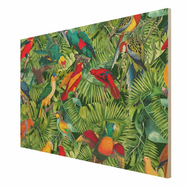 Holzbild - Bunte Collage - Papageien im Dschungel - Querformat 2:3