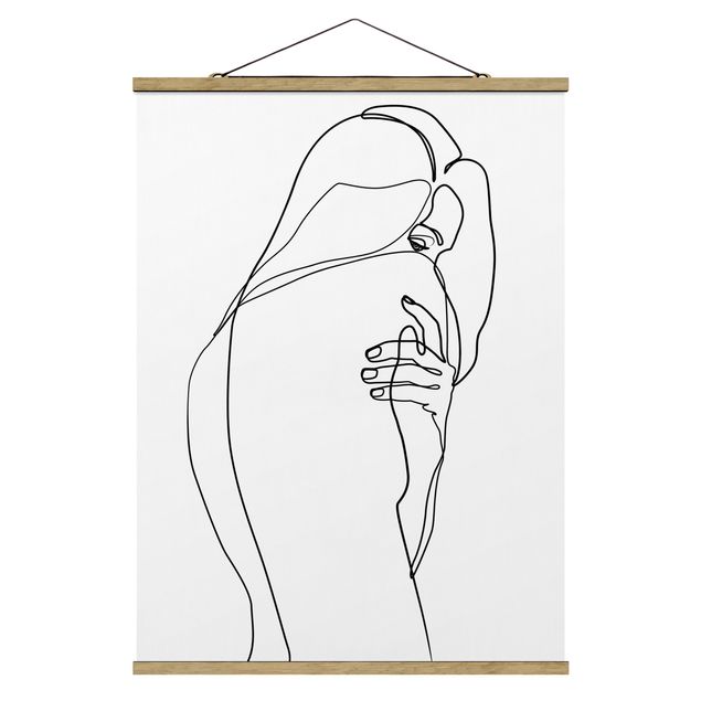 Stoffbild mit Posterleisten - Line Art Frauenakt Schulter Schwarz Weiß - Hochformat 3:4