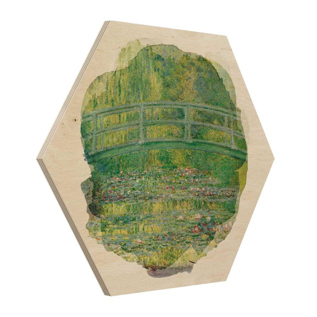 Hexagon Bild Holz - Wasserfarben - Claude Monet - Japanische Brücke