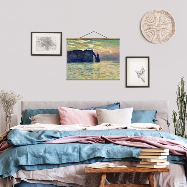 Stoffbild mit Posterleisten - Claude Monet - Felsen Sonnenuntergang - Querformat 4:3