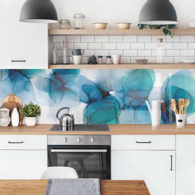 Küchenrückwand - Wilde Blüten in Blau und Gold