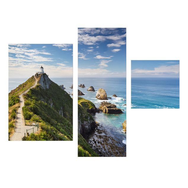 Leinwandbild 3-teilig - Nugget Point Leuchtturm und Meer Neuseeland - Collage 1