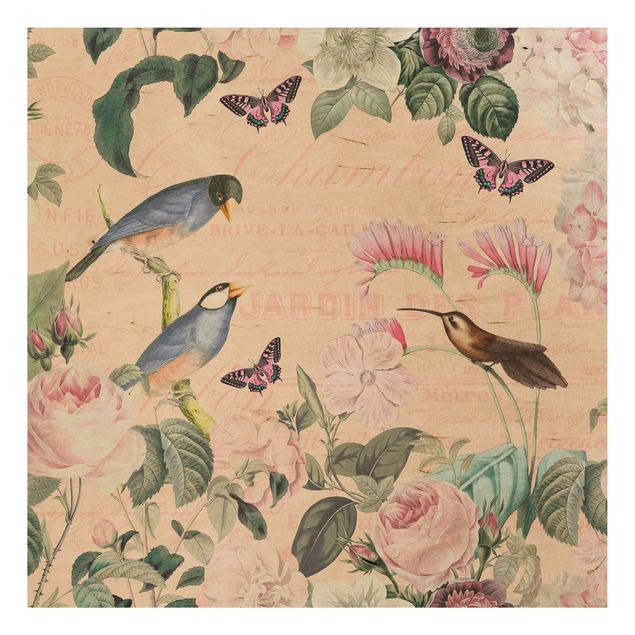 Holzbild - Vintage Collage - Rosen und Vögel - Quadrat 1:1