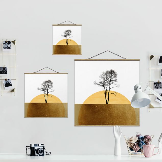Stoffbild mit Posterleisten - Goldene Sonne mit Baum - Quadrat 1:1