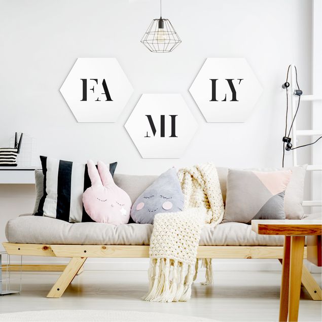 Hexagon Bild Forex 3-teilig - Buchstaben FAMILY Schwarz Set I