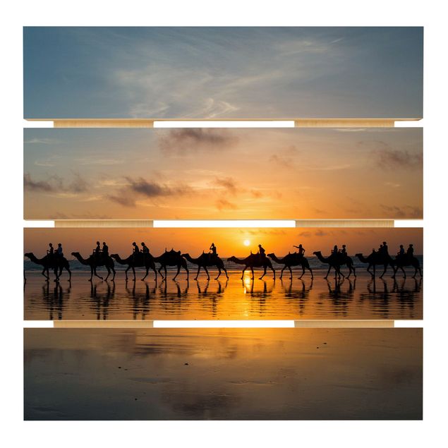 Holzbild - Kamele im Sonnenuntergang - Quadrat 1:1