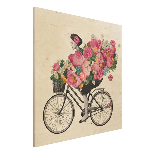 Holzbild - Illustration Frau auf Fahrrad Collage bunte Blumen - Quadrat 1:1