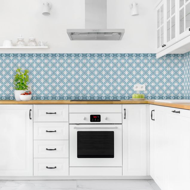 Küchenrückwand - Geometrischer Fliesenmix Herzen Blaugrau