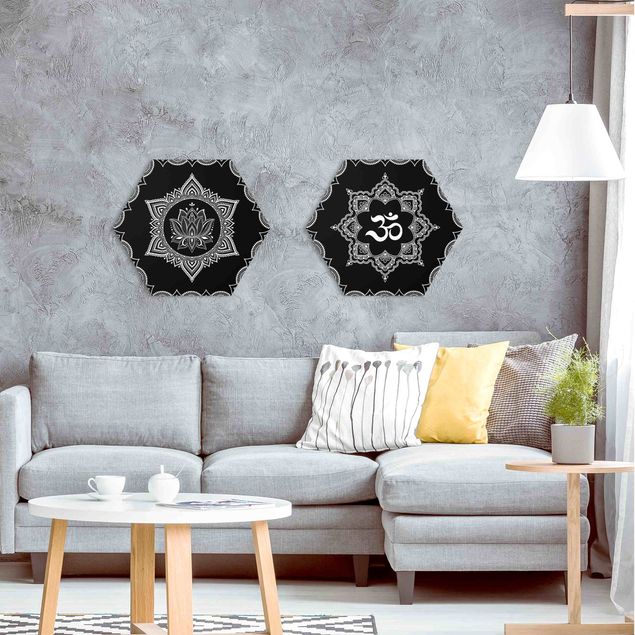 Hexagon Bild Alu-Dibond 2-teilig - Lotus OM Illustration Set Schwarz