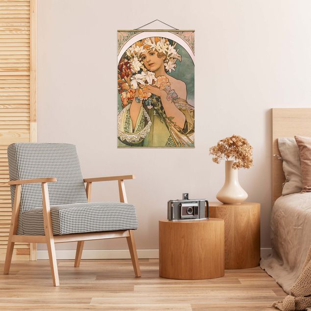 Stoffbild mit Posterleisten - Alfons Mucha - Blume - Hochformat 2:3