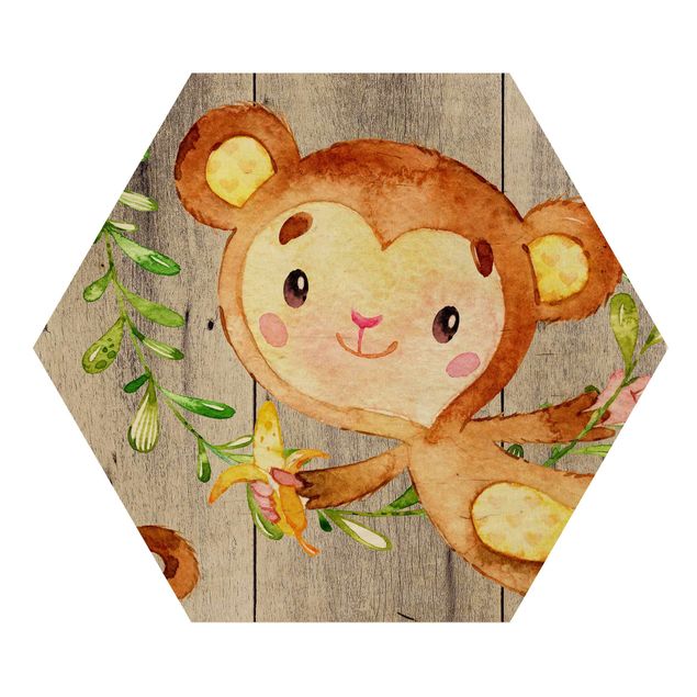 Hexagon Bild Holz - Aquarell Affe auf Holz