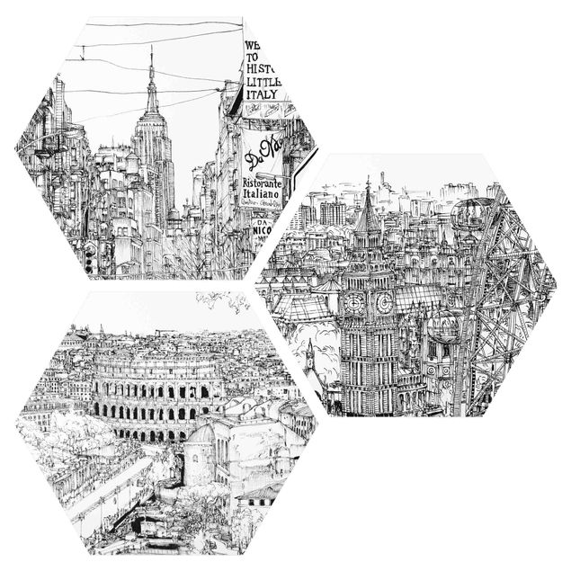 Hexagon Bild Forex 3-teilig - Stadtstudien - New York - London - Rom