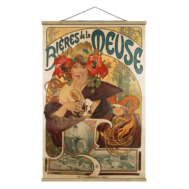 Stoffbild mit Posterleisten - Alfons Mucha - Plakat für La Meuse Bier - Hochformat 2:3