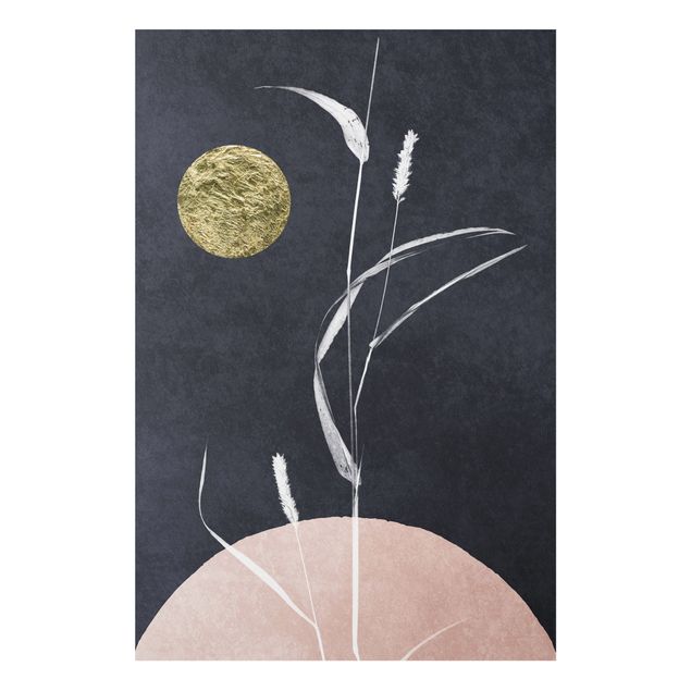 Forex Fine Art Print - Goldener Mond mit Schilf - Hochformat 3:2