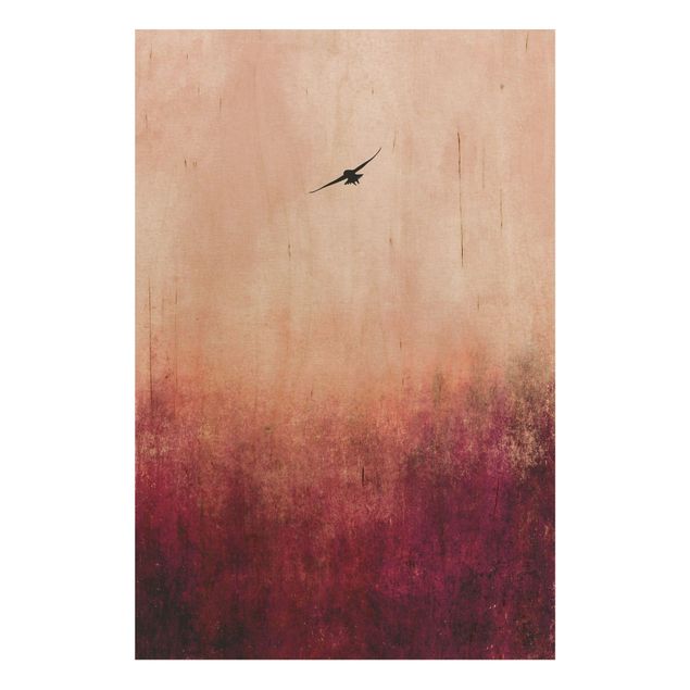 Holzbild - Vogel im Sonnenuntergang - Hochformat 3:2