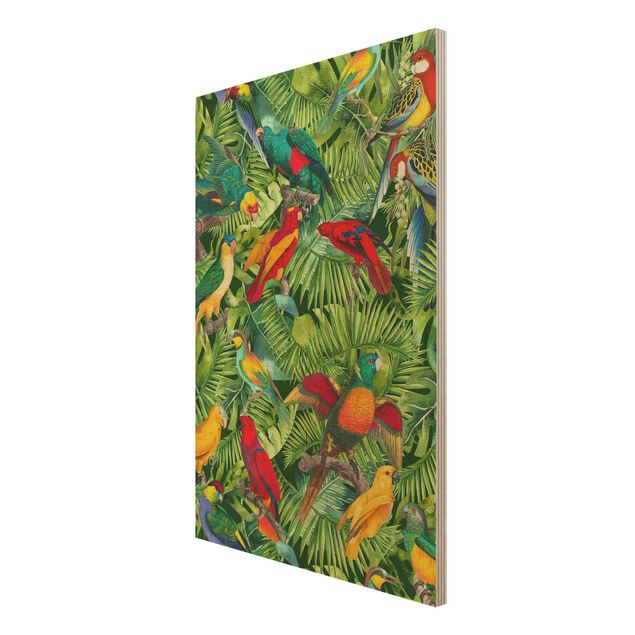 Holzbild - Bunte Collage - Papageien im Dschungel - Hochformat 3:2