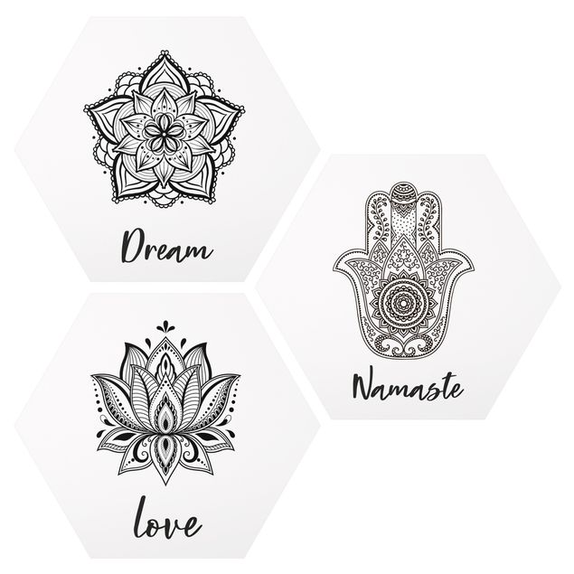 Hexagon Bild Alu-Dibond 3-teilig - Mandala Namaste Lotus Set Schwarz Weiß