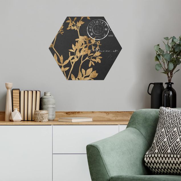 Hexagon Bild Alu-Dibond - Goldene Blätter auf Mokka I
