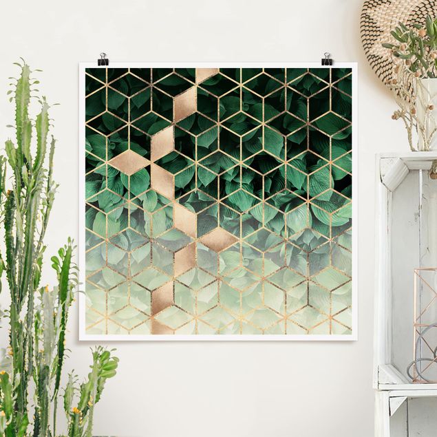 Poster - Grüne Blätter goldene Geometrie - Quadrat 1:1