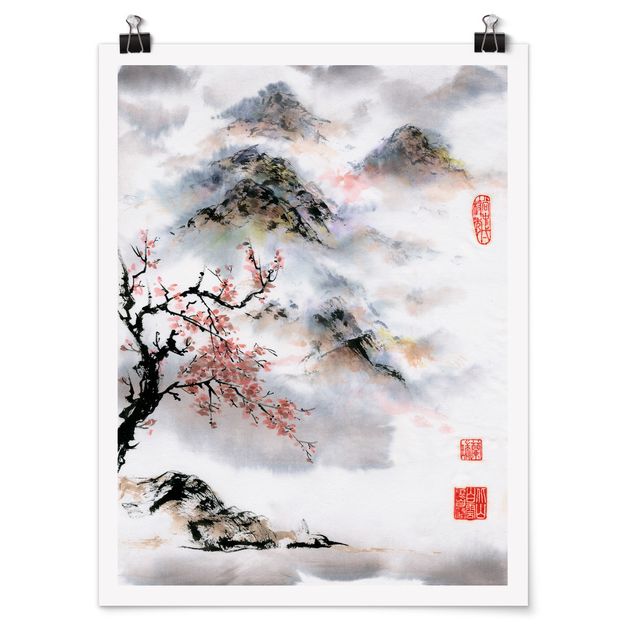 Poster - Japanische Aquarell Zeichnung Kirschbaum und Berge - Hochformat 4:3