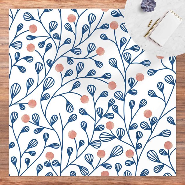 Moderne Teppiche Blaues Pflanzen Muster mit Punkten in Rosa