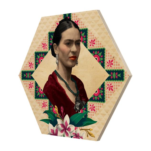 Hexagon Bild Holz - Frida Kahlo - Blumen und Geometrie