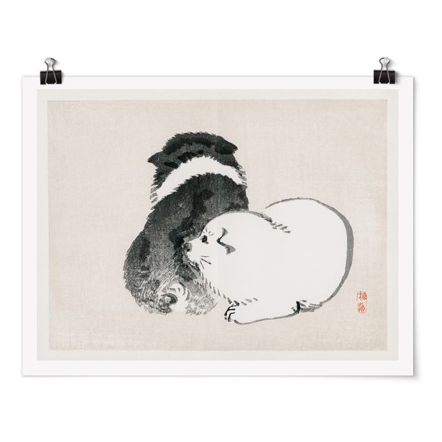 Poster - Asiatische Vintage Zeichnung Schwarze und weiße Hündchen - Querformat 3:4